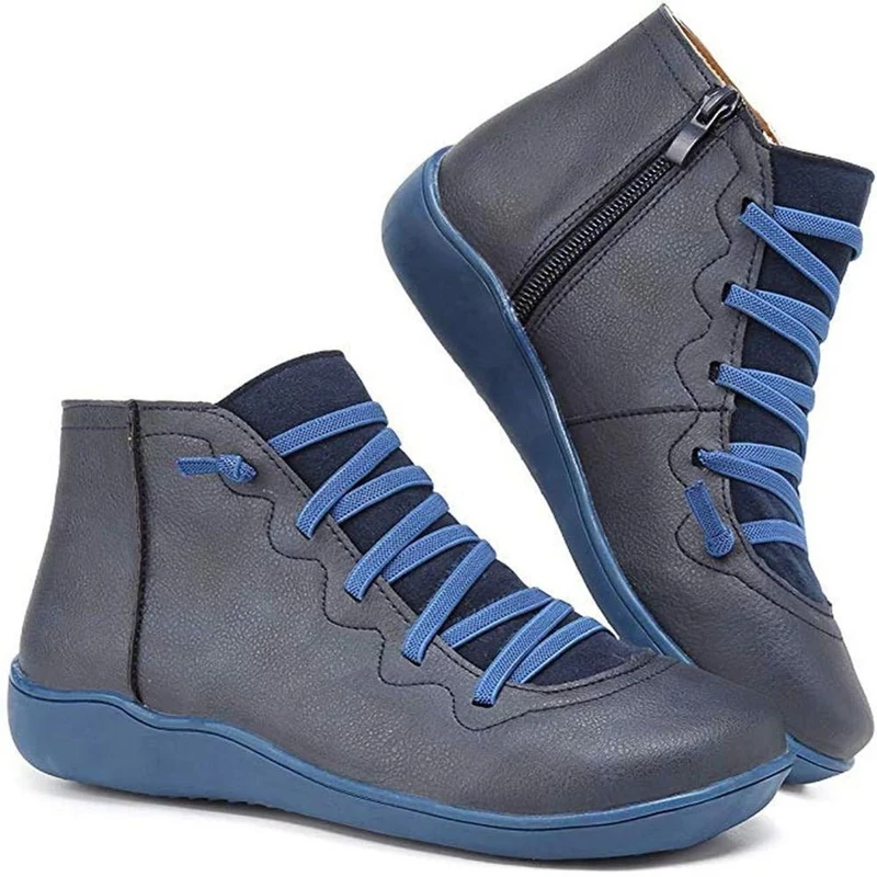 Greta | Damen Ankle Boots Schnürung Reißverschluss flache Sohle Stiefeletten