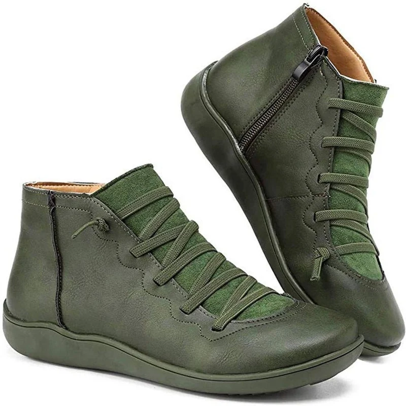 Greta | Damen Ankle Boots Schnürung Reißverschluss flache Sohle Stiefeletten