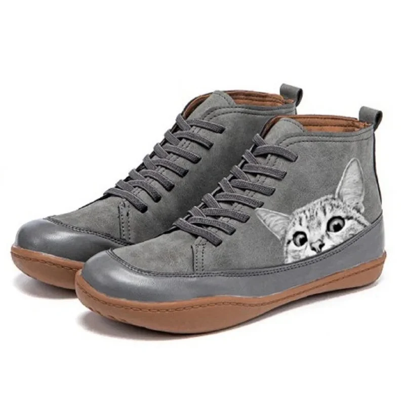 Luisa | Damen Katzenmotiv Schnür-Ankle Boots Leder-Stiefeletten