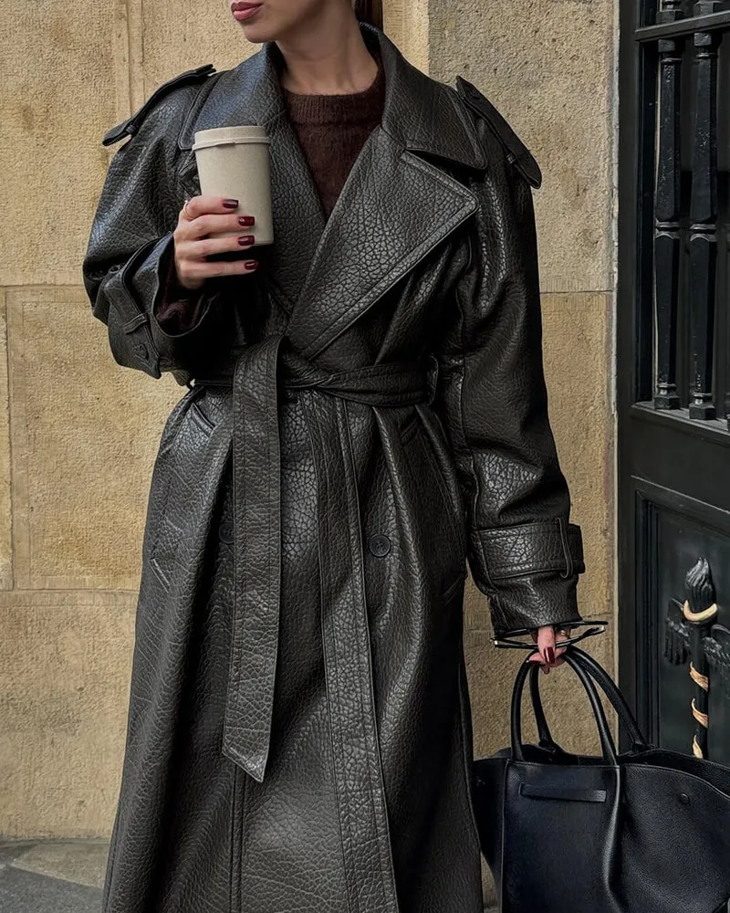 Marie | Damen Langer Winter-Trenchmantel aus Leder