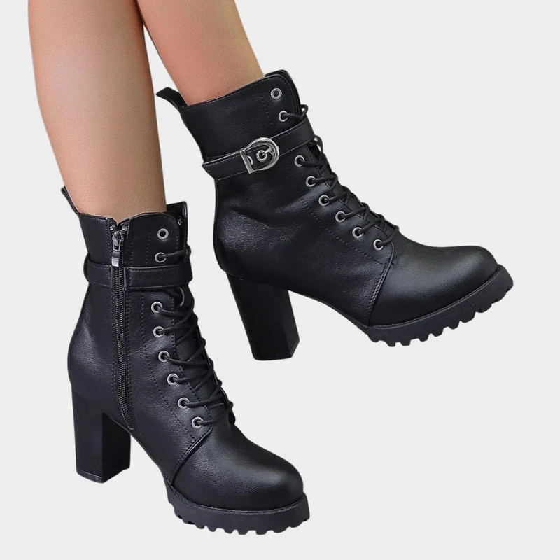 Sophie | Damen Schnür-Ankle-Boots mit Blockabsatz Schnalle Reißverschluss