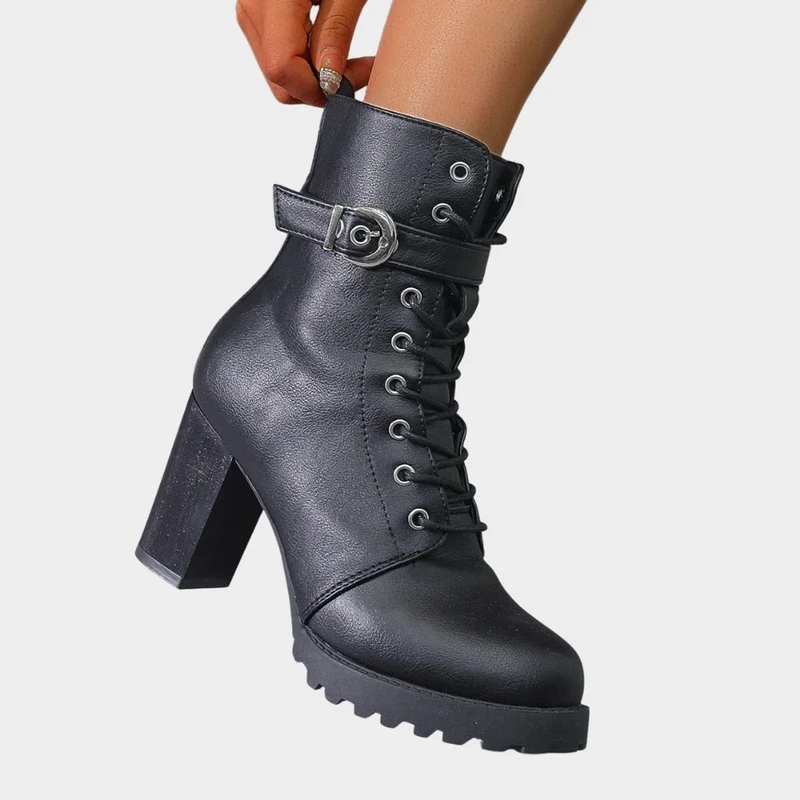 Sophie | Damen Schnür-Ankle-Boots mit Blockabsatz Schnalle Reißverschluss