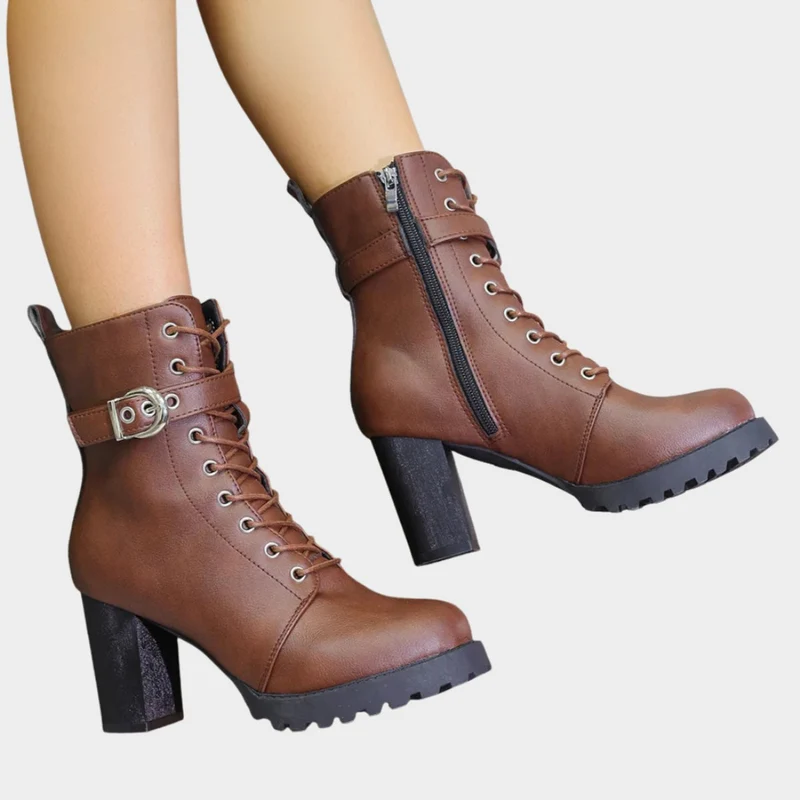 Sophie | Damen Schnür-Ankle-Boots mit Blockabsatz Schnalle Reißverschluss
