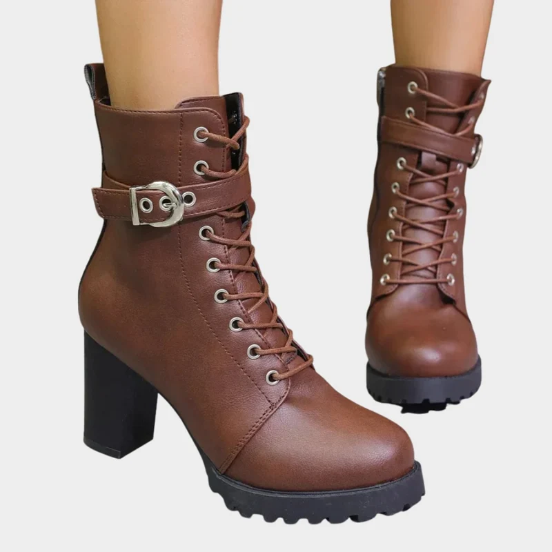 Sophie | Damen Schnür-Ankle-Boots mit Blockabsatz Schnalle Reißverschluss