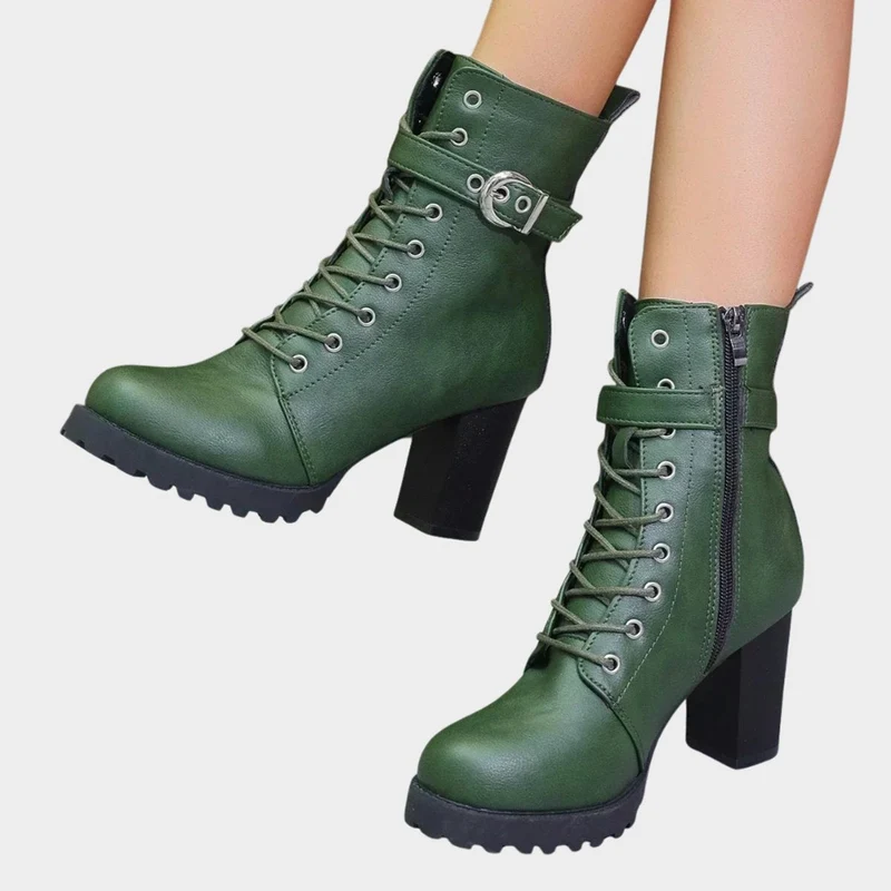 Sophie | Damen Schnür-Ankle-Boots mit Blockabsatz Schnalle Reißverschluss