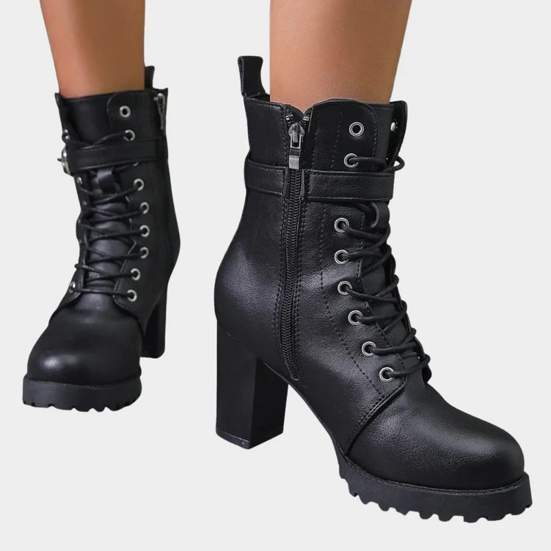 Sophie | Damen Schnür-Ankle-Boots mit Blockabsatz Schnalle Reißverschluss