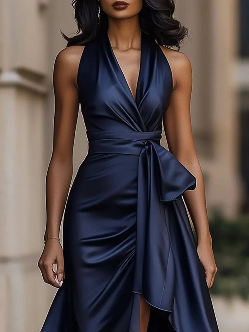 Mia | Damen Satin Cocktailparty-Kleid Halterneck Wickelschnitt High-Low-Saum
