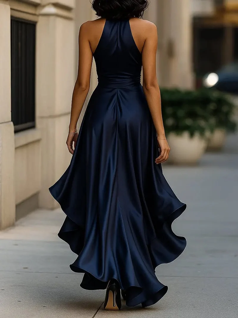 Mia | Damen Satin Cocktailparty-Kleid Halterneck Wickelschnitt High-Low-Saum