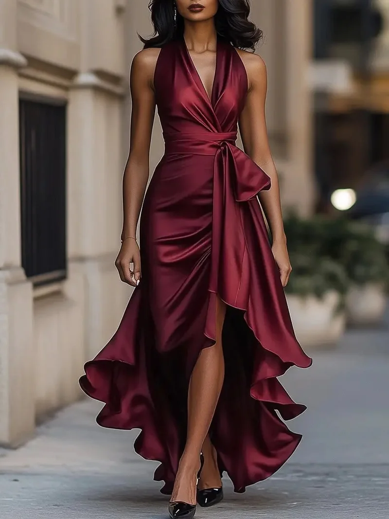 Mia | Damen Satin Cocktailparty-Kleid Halterneck Wickelschnitt High-Low-Saum