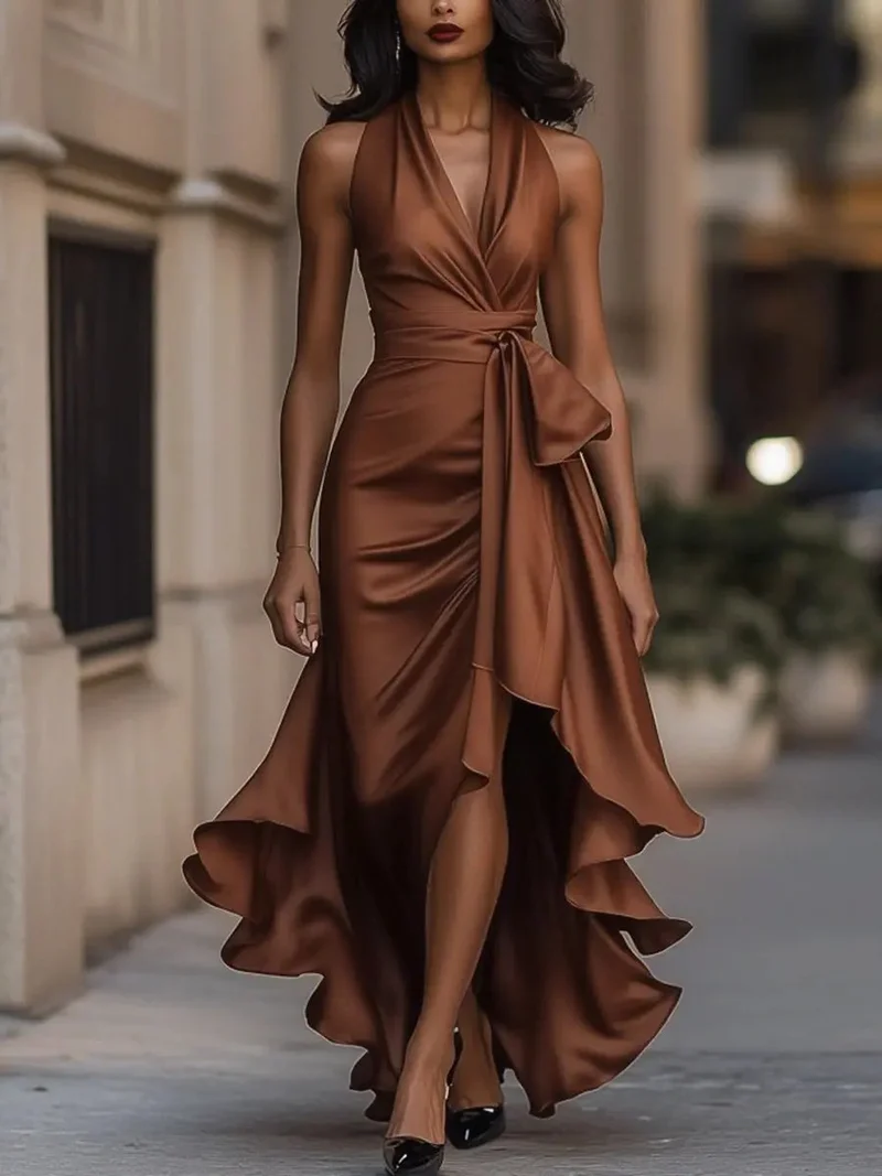 Mia | Damen Satin Cocktailparty-Kleid Halterneck Wickelschnitt High-Low-Saum