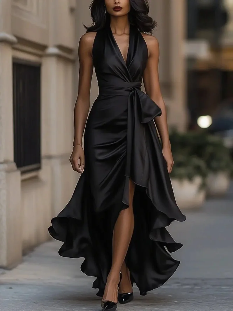 Mia | Damen Satin Cocktailparty-Kleid Halterneck Wickelschnitt High-Low-Saum