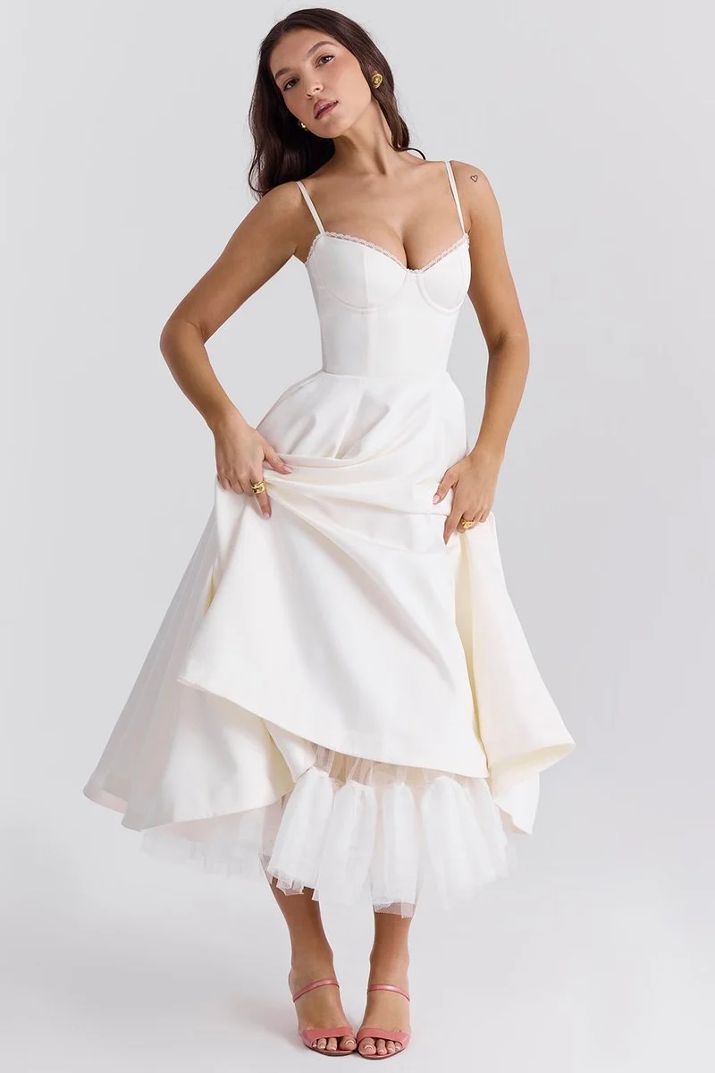 Lena | Damen Cocktailparty-Kleid elegantes Midi-Kleid mit Bügelcups Schwingrock