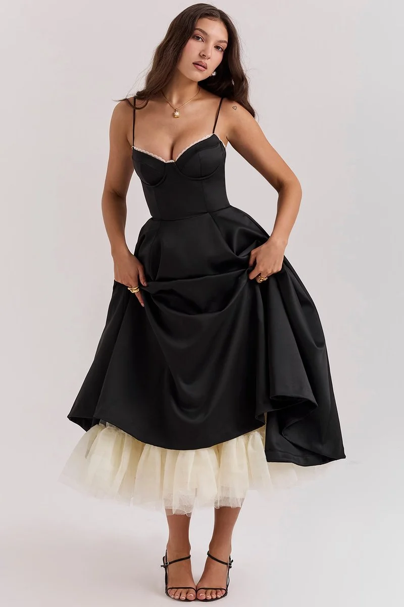 Lena | Damen Cocktailparty-Kleid elegantes Midi-Kleid mit Bügelcups Schwingrock