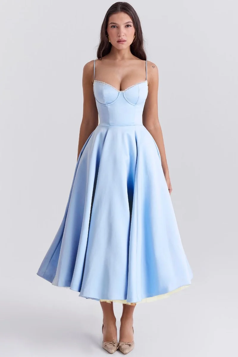 Lena | Damen Cocktailparty-Kleid elegantes Midi-Kleid mit Bügelcups Schwingrock