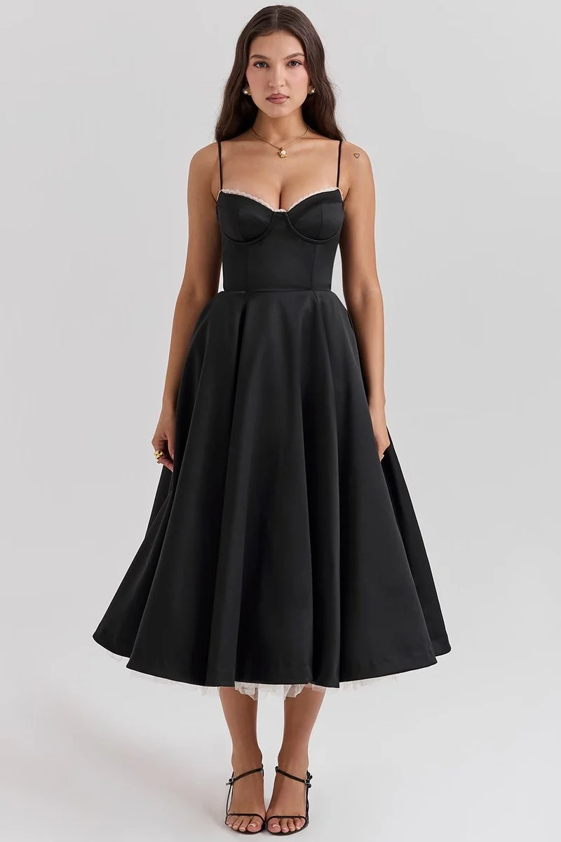 Lena | Damen Cocktailparty-Kleid elegantes Midi-Kleid mit Bügelcups Schwingrock