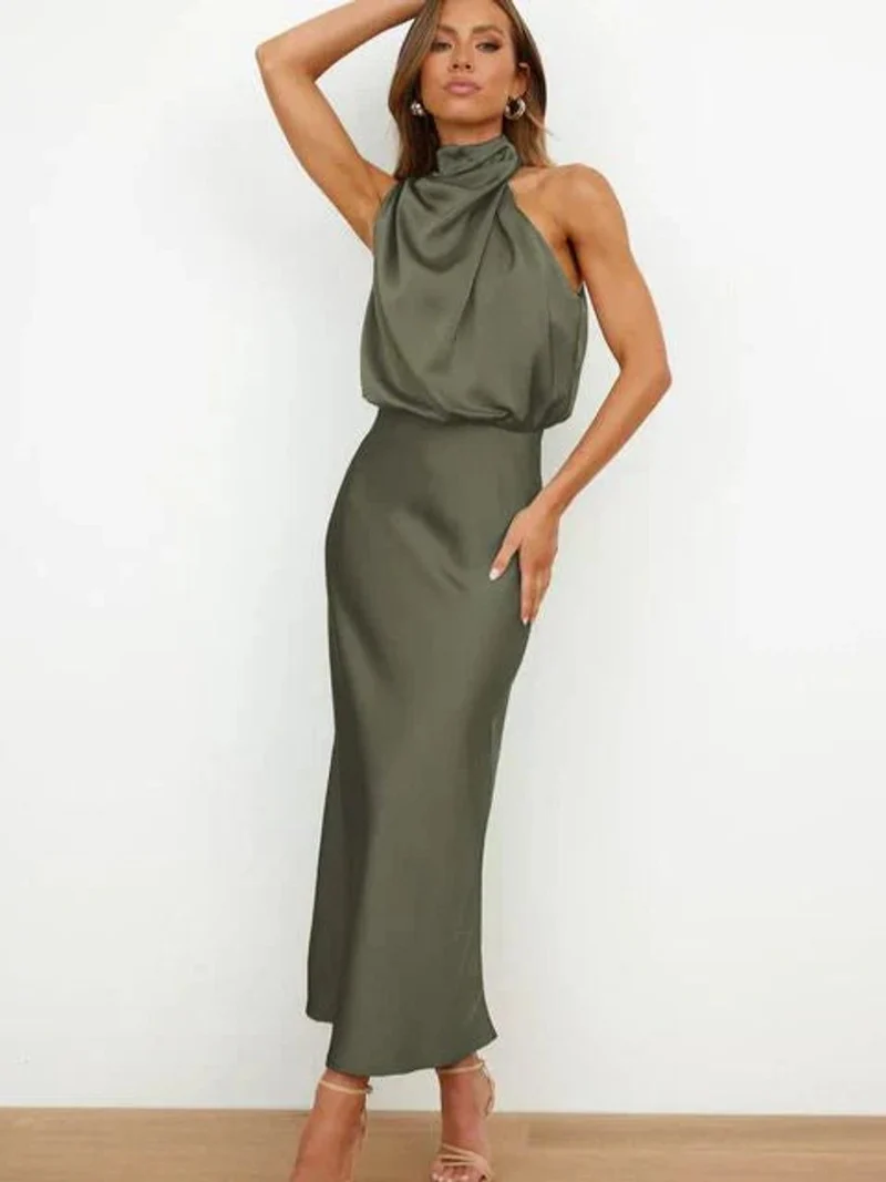 Emilia | Damen Cocktailkleid Satin Midi Halterneck Abendkleid elegant