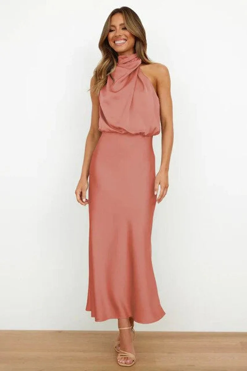 Emilia | Damen Cocktailkleid Satin Midi Halterneck Abendkleid elegant