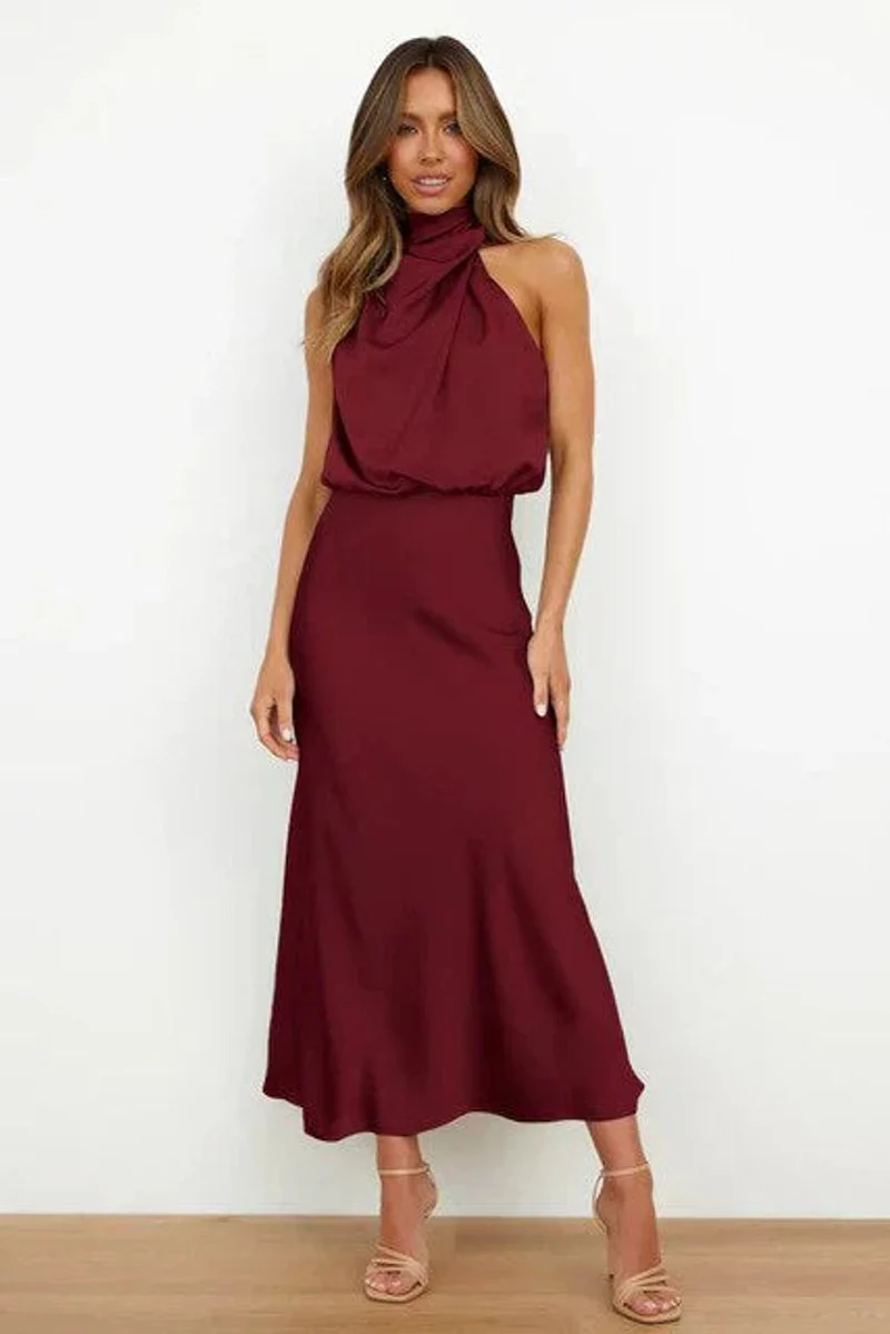 Emilia | Damen Cocktailkleid Satin Midi Halterneck Abendkleid elegant