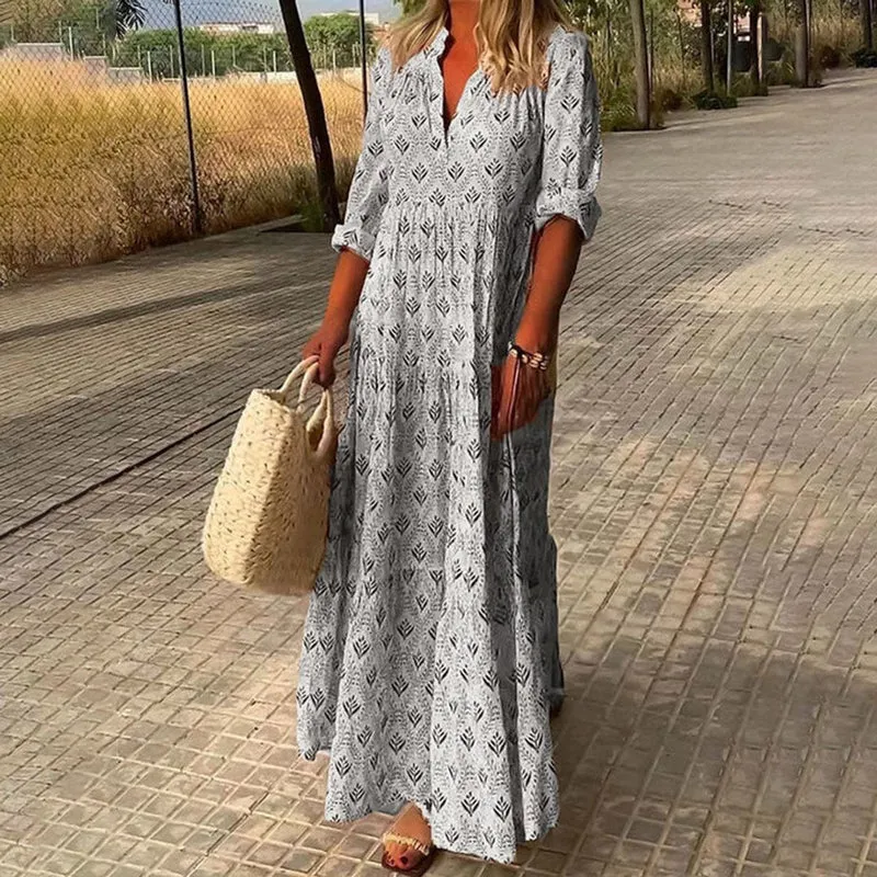 Frieda | Damen Boho Maxi Cocktailparty-Kleid mit V-Ausschnitt floralem Print