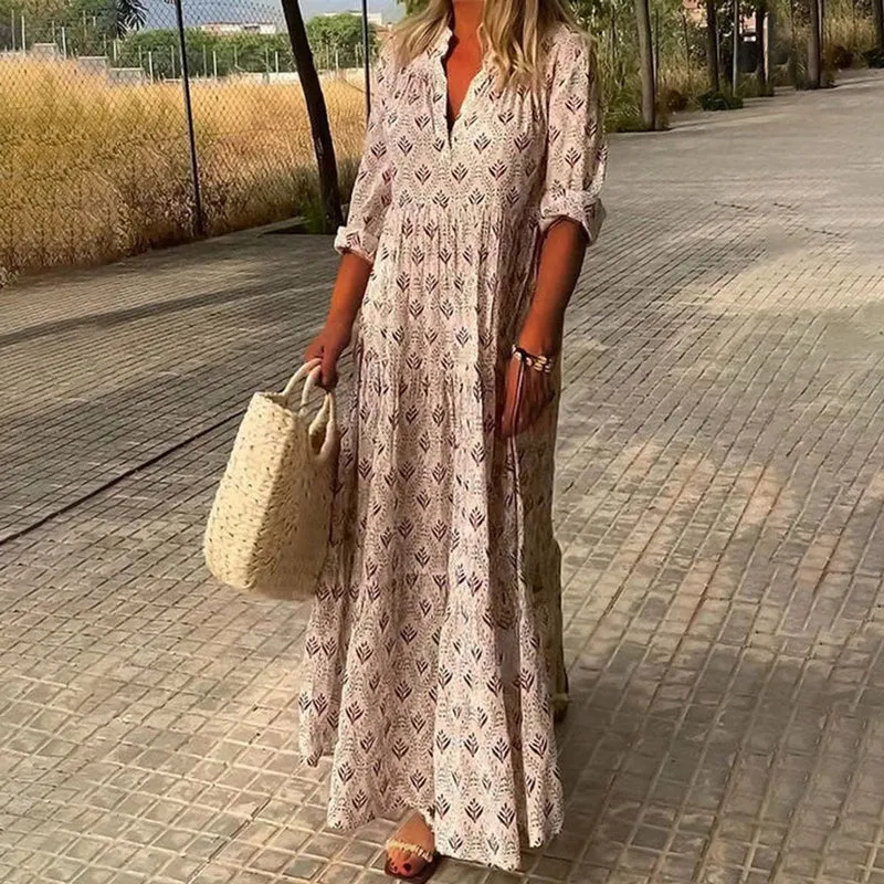 Frieda | Damen Boho Maxi Cocktailparty-Kleid mit V-Ausschnitt floralem Print