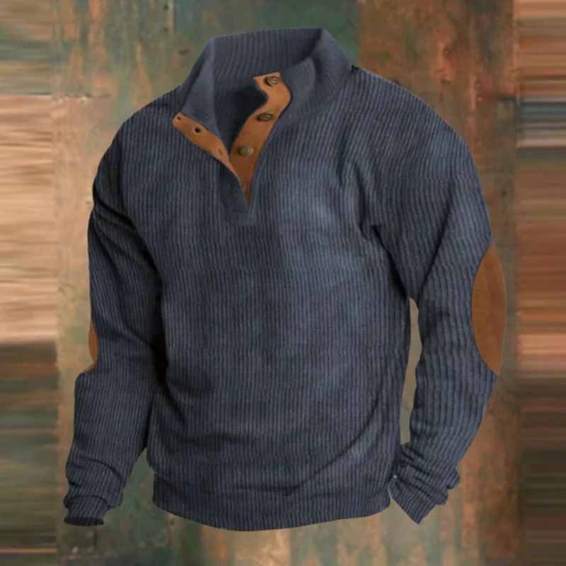 Alexander | Herren Gerippter Strickpullover Knopfleiste am Kragen Wildleder-Ellbogenpatch