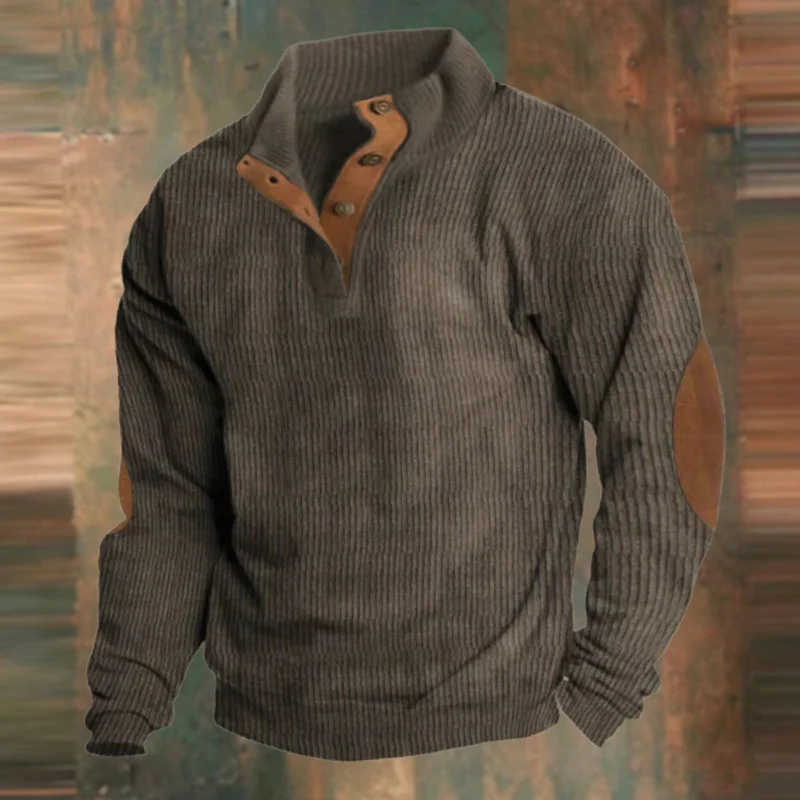 Alexander | Herren Gerippter Strickpullover Knopfleiste am Kragen Wildleder-Ellbogenpatch