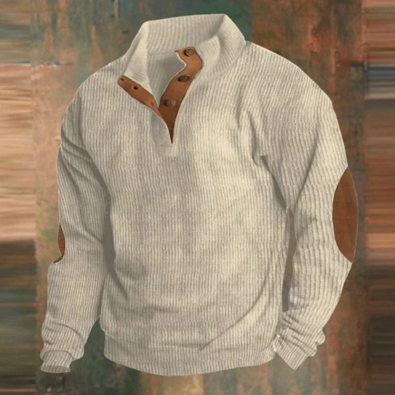 Alexander | Herren Gerippter Strickpullover Knopfleiste am Kragen Wildleder-Ellbogenpatch