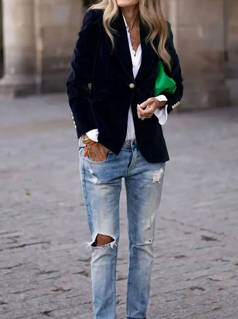 Elisabeth | Damen Klassischer Blazer mit Ein-Knopf-Verschluss Goldknöpfe Samtoptik