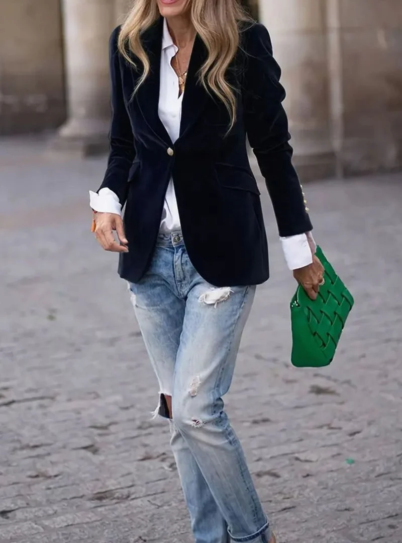 Elisabeth | Damen Klassischer Blazer mit Ein-Knopf-Verschluss Goldknöpfe Samtoptik