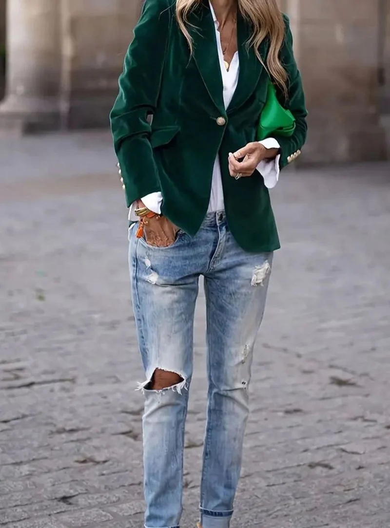 Elisabeth | Damen Klassischer Blazer mit Ein-Knopf-Verschluss Goldknöpfe Samtoptik