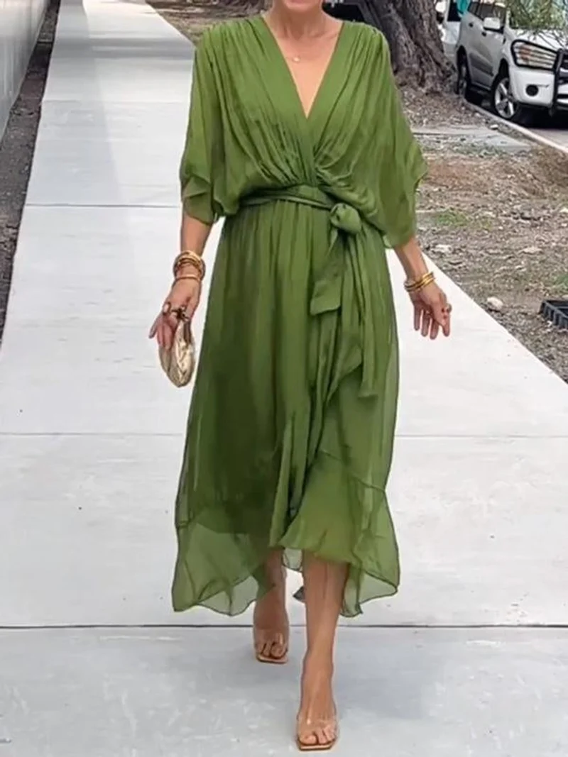 Frieda | Damen Cocktailparty-Kleid Elegantes Chiffon Midi V-Ausschnitt Bindegürtel