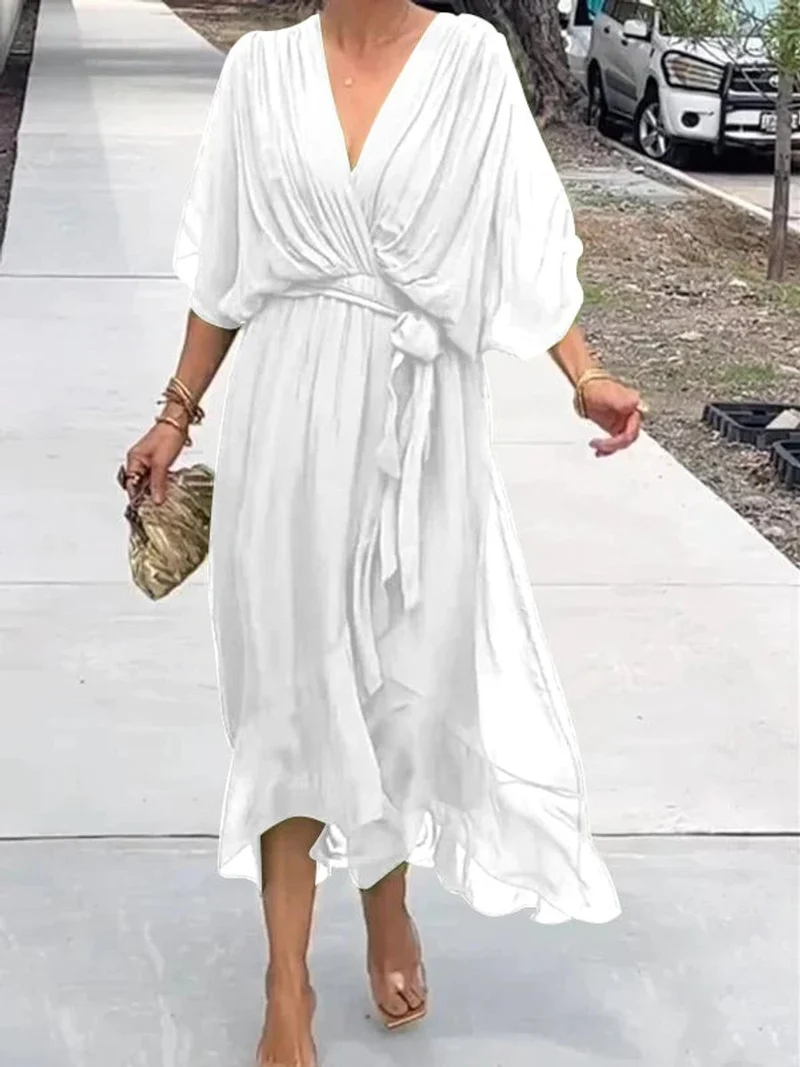 Frieda | Damen Cocktailparty-Kleid Elegantes Chiffon Midi V-Ausschnitt Bindegürtel