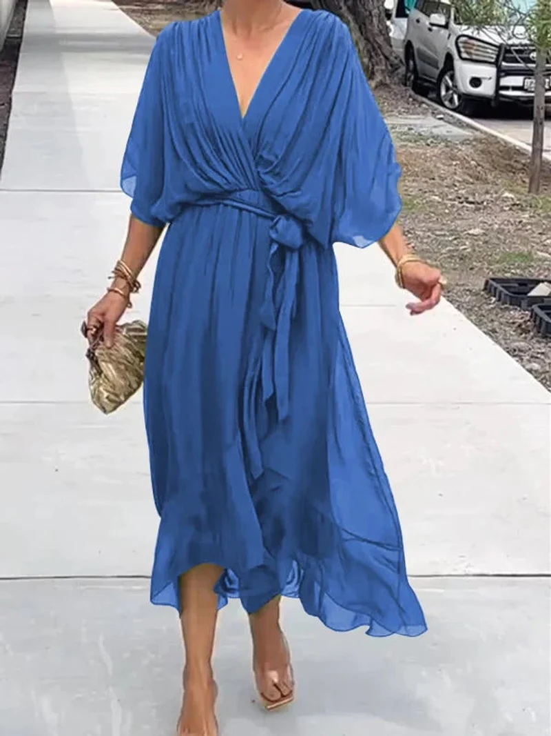 Frieda | Damen Cocktailparty-Kleid Elegantes Chiffon Midi V-Ausschnitt Bindegürtel