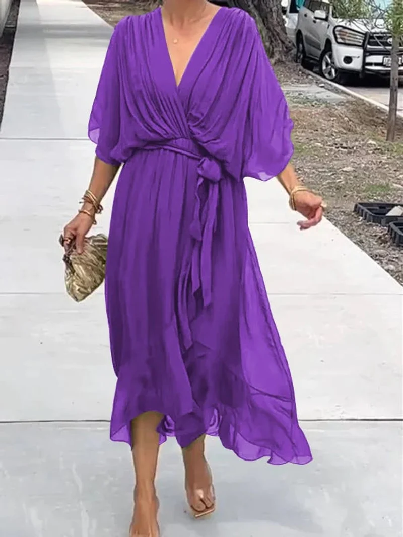 Frieda | Damen Cocktailparty-Kleid Elegantes Chiffon Midi V-Ausschnitt Bindegürtel