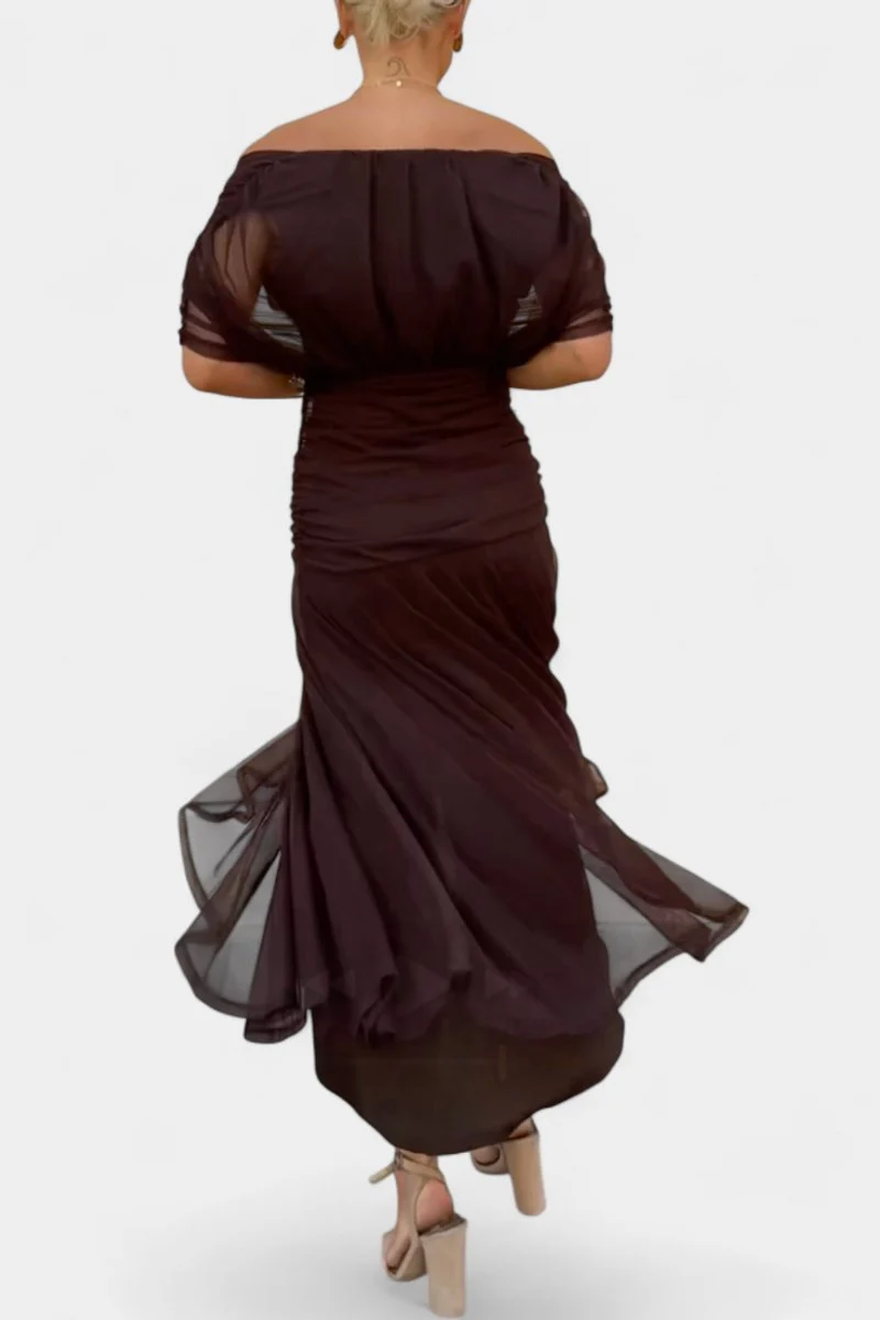 Amelie | Damen Off-Shoulder Cocktailparty-Kleid figurbetontes Chiffon Maxikleid