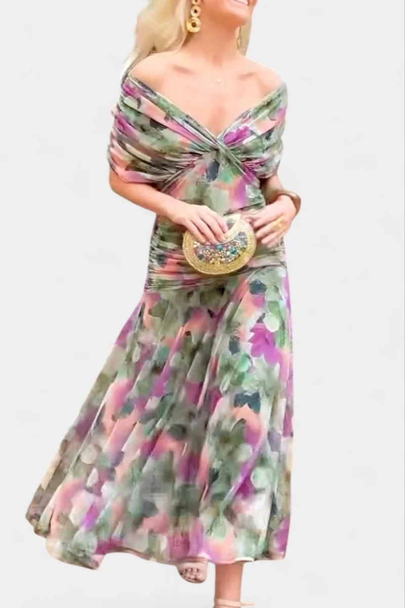 Amelie | Damen Off-Shoulder Cocktailparty-Kleid figurbetontes Chiffon Maxikleid
