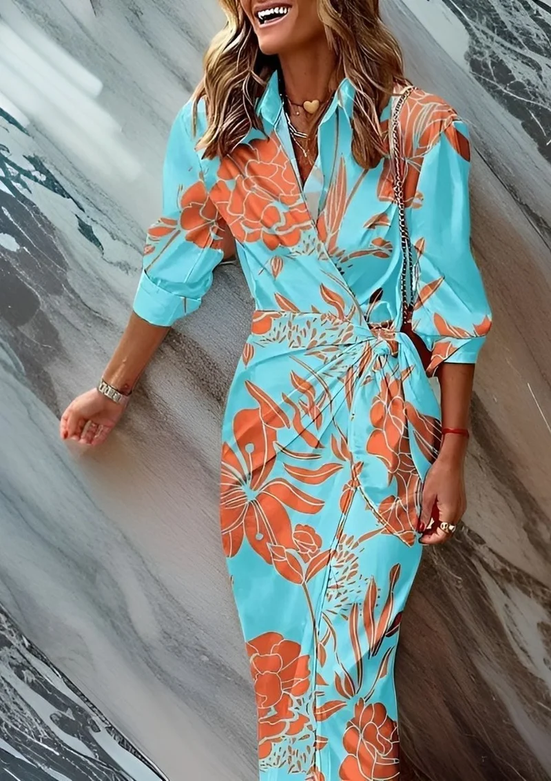 Katharina | Damen Gestreiftes Langarm Wickelkleid Midi Hemdkleid
