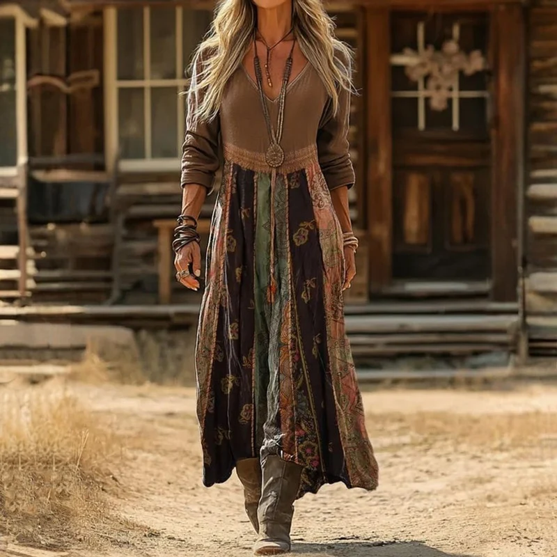 Luisa | Damen Vintage Boho Langarmkleid Midi V-Ausschnitt Patchwork