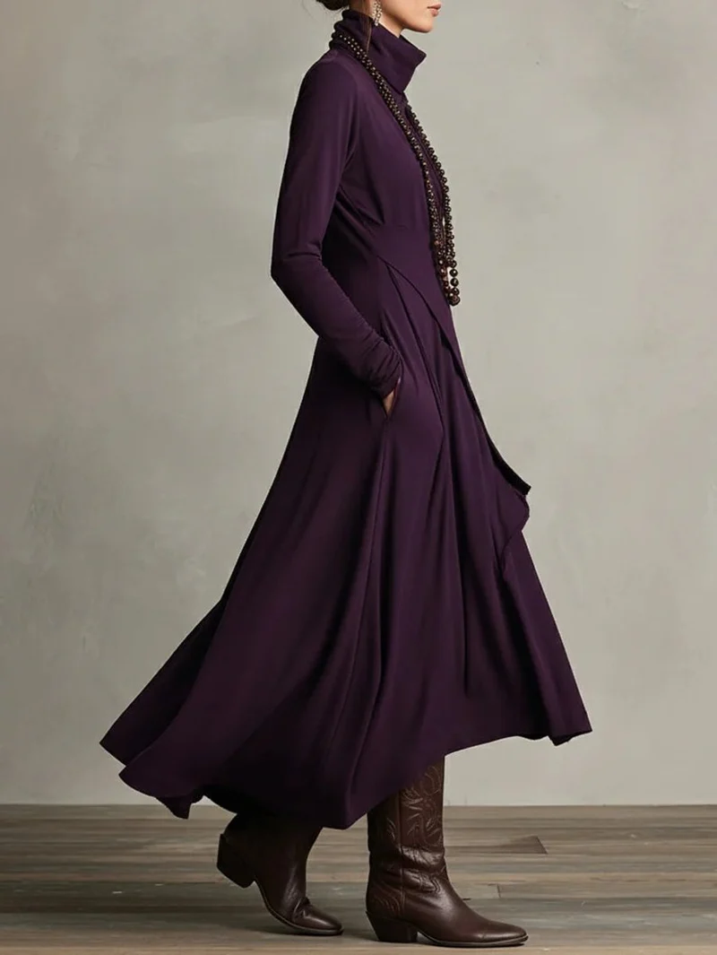 Nora | Damen Langarm Maxikleid Rollkragen Asymmetrisch Fließend