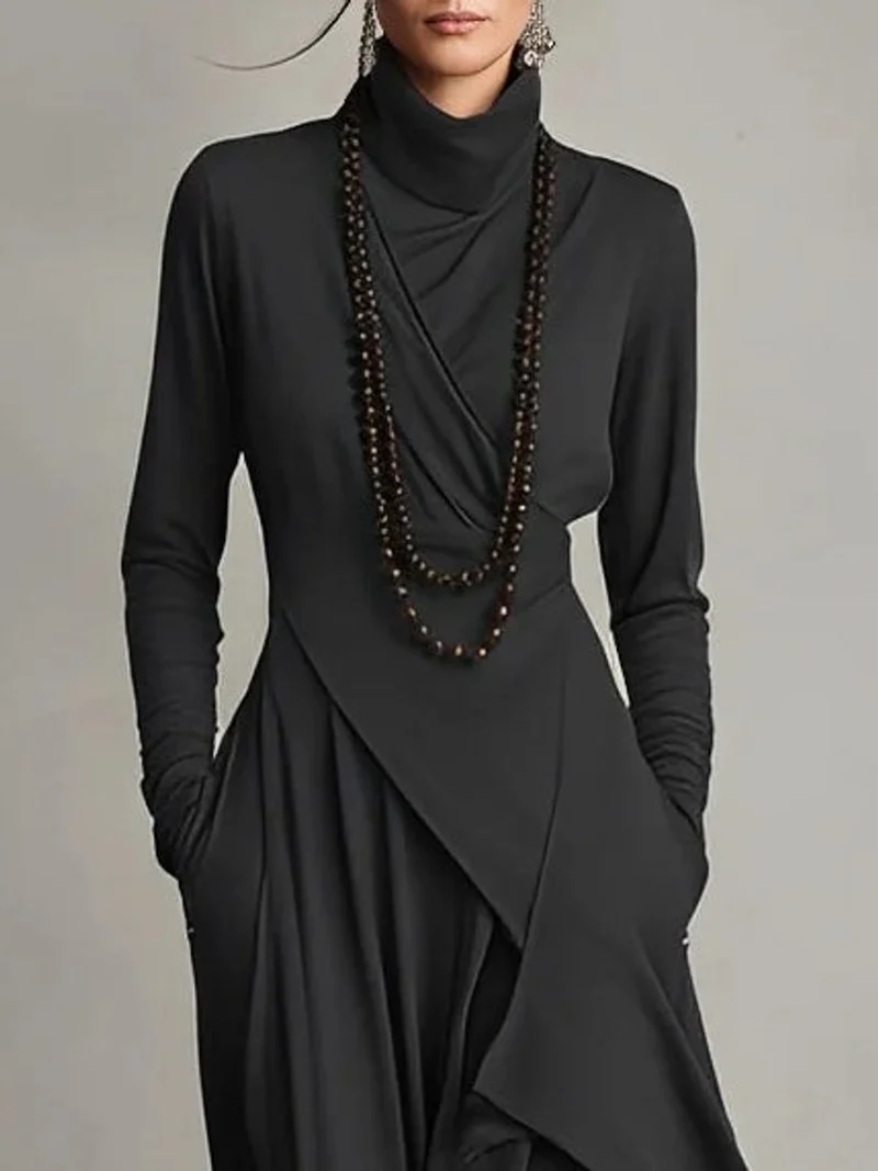 Nora | Damen Langarm Maxikleid Rollkragen Asymmetrisch Fließend