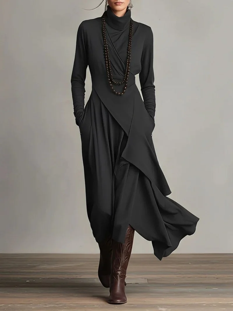 Nora | Damen Langarm Maxikleid Rollkragen Asymmetrisch Fließend