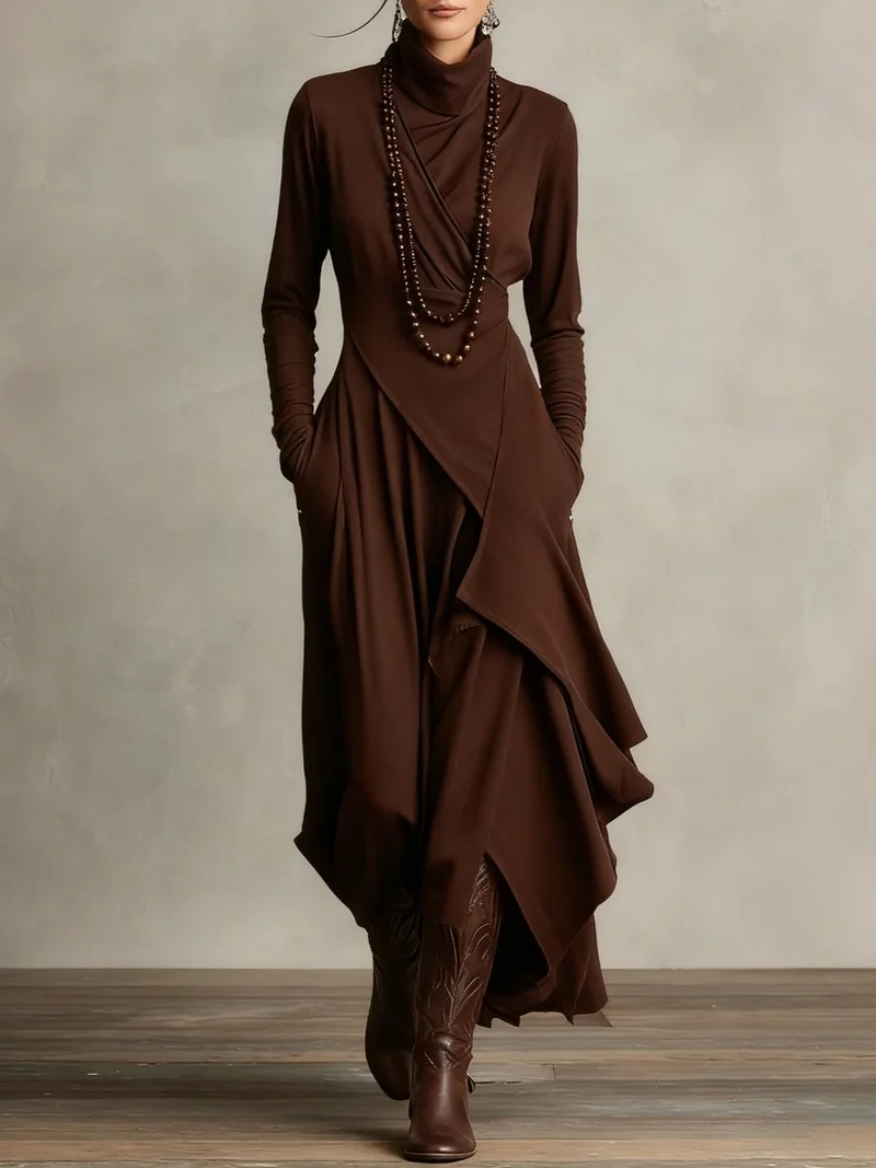 Nora | Damen Langarm Maxikleid Rollkragen Asymmetrisch Fließend