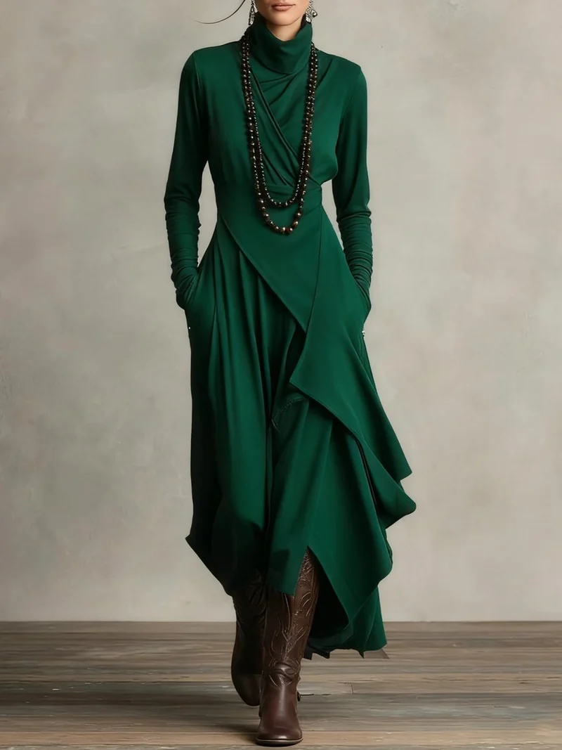 Nora | Damen Langarm Maxikleid Rollkragen Asymmetrisch Fließend