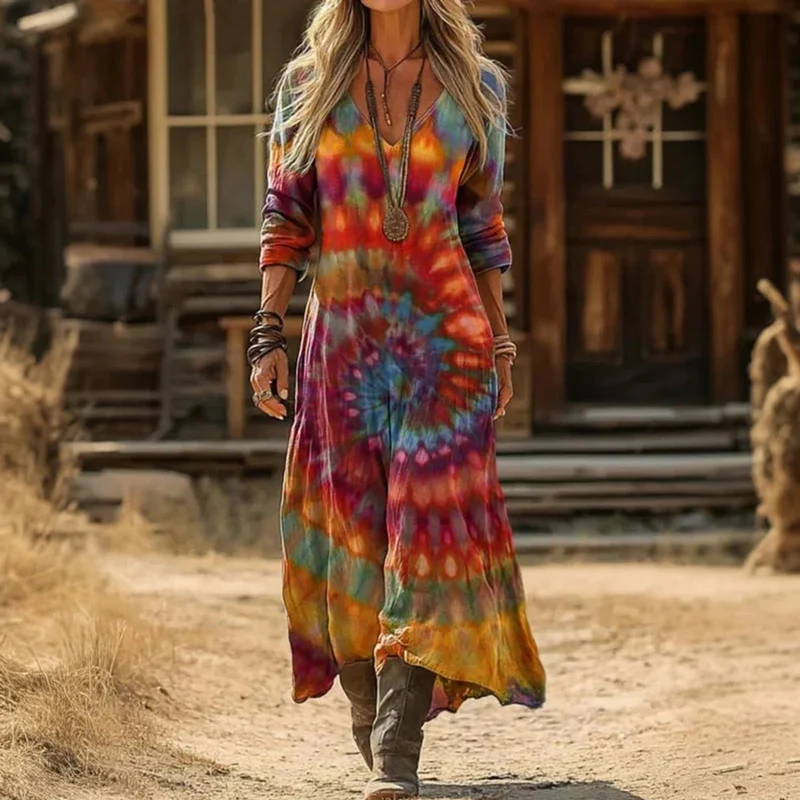 Amelie | Damen Vintage Langarmkleid mit V-Ausschnitt fließend leicht