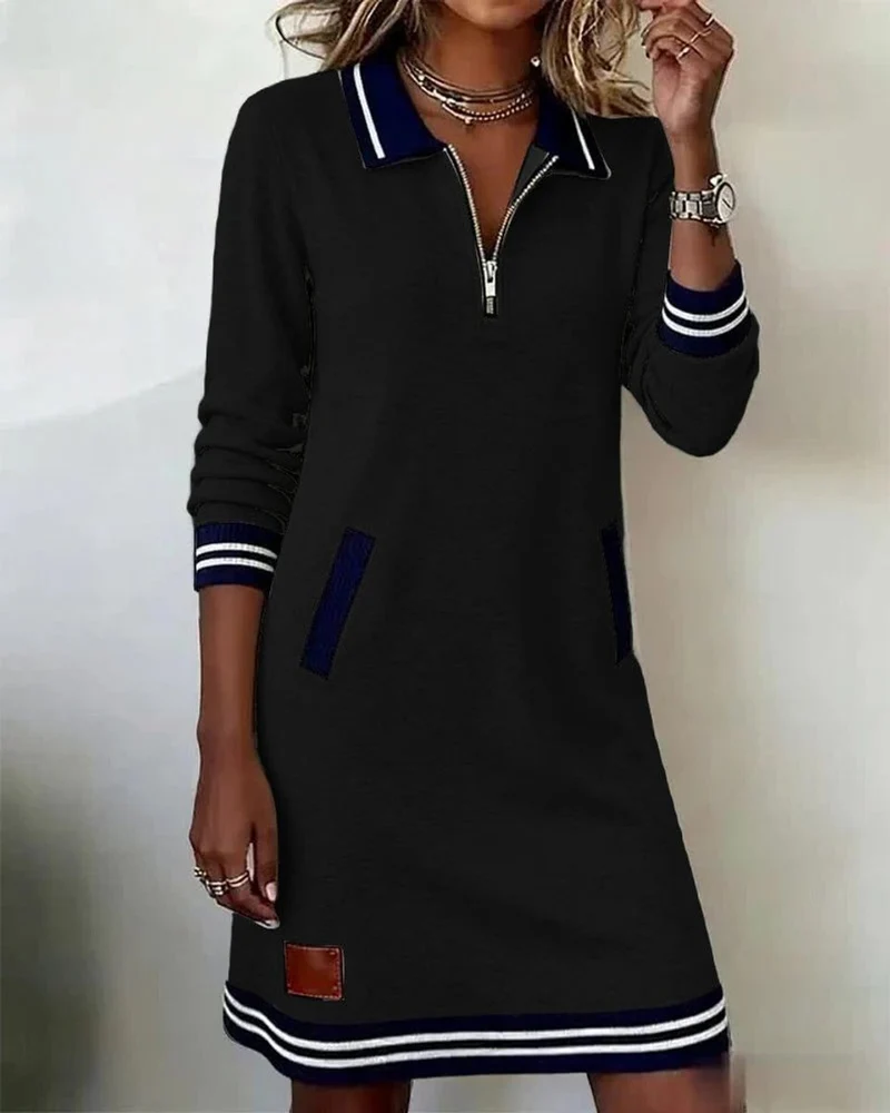Elisabeth | Damen Long Sleeve Dress Polokragen Reißverschluss Midi-Kleid Seitentaschen