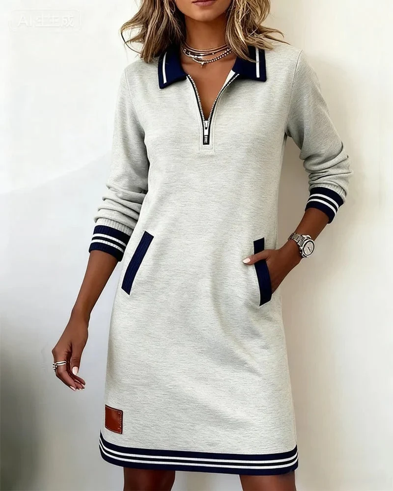 Elisabeth | Damen Long Sleeve Dress Polokragen Reißverschluss Midi-Kleid Seitentaschen
