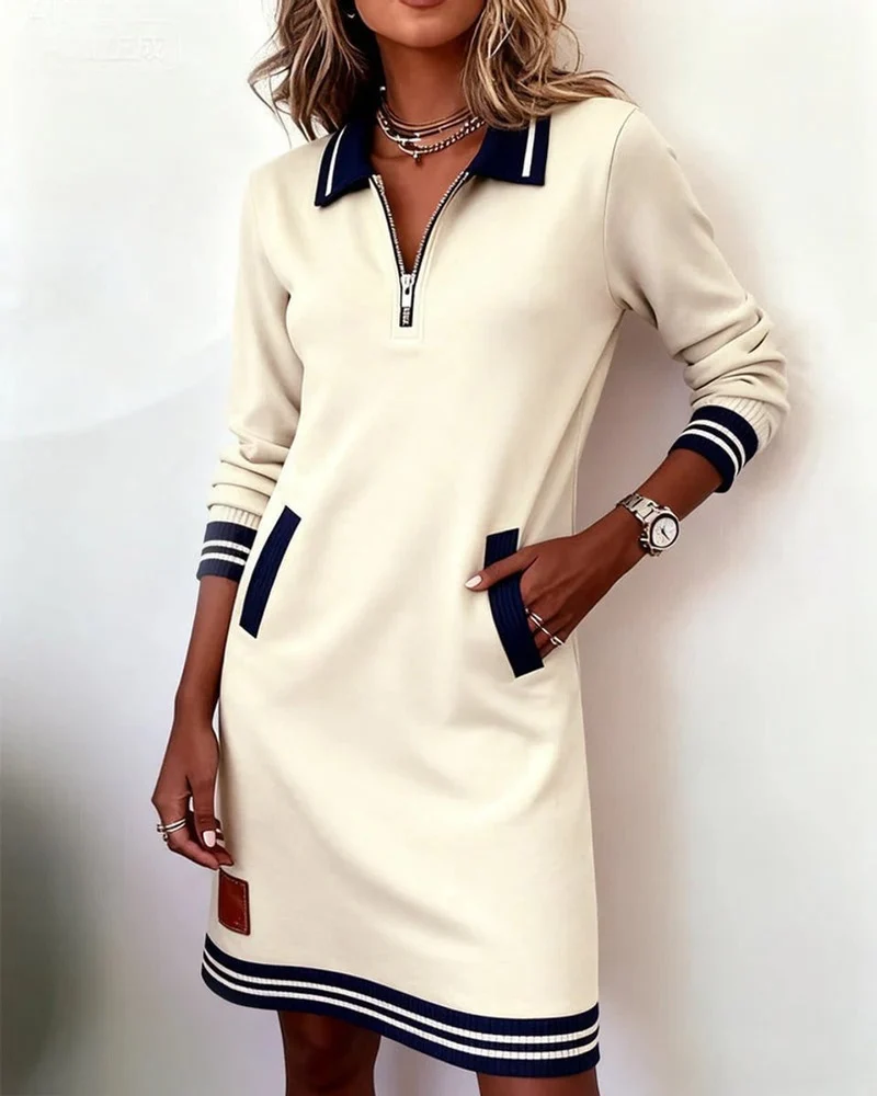 Elisabeth | Damen Long Sleeve Dress Polokragen Reißverschluss Midi-Kleid Seitentaschen