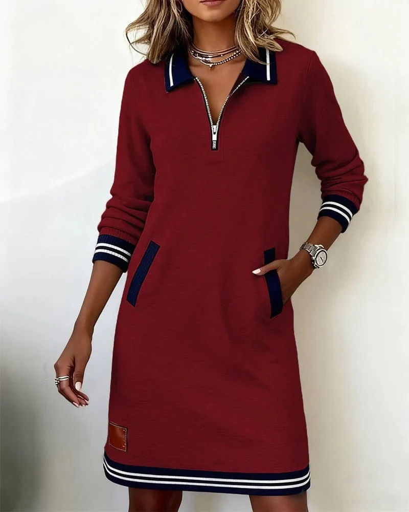 Elisabeth | Damen Long Sleeve Dress Polokragen Reißverschluss Midi-Kleid Seitentaschen