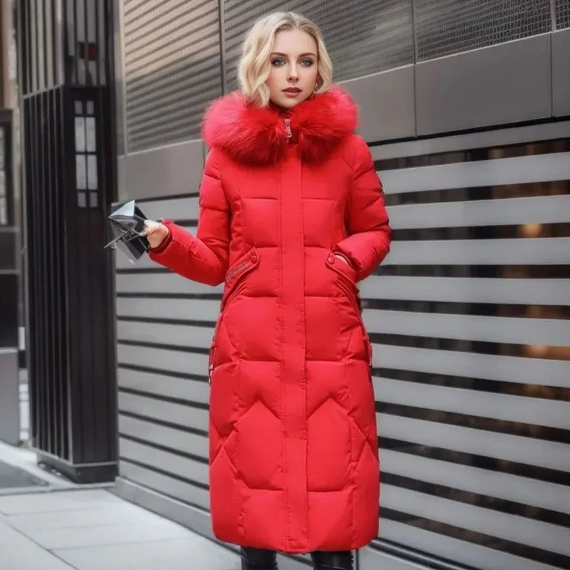 Clara | Damen Langer Daunen-Steppmantel mit Kragen Fellkapuze Wintermantel