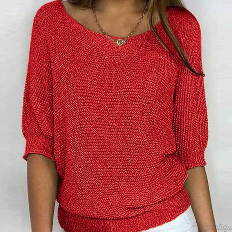 Katharina | Damen Eleganter Pullover Lockerer Strickpullover Rundhals 3/4-Arm
